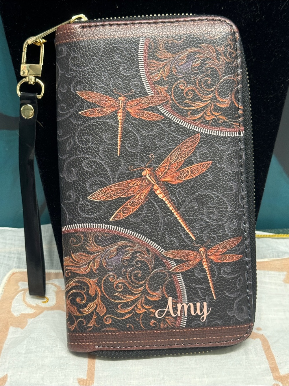 Personalized Amy Black Wristlet Wallet with Copper Dragonfly Design